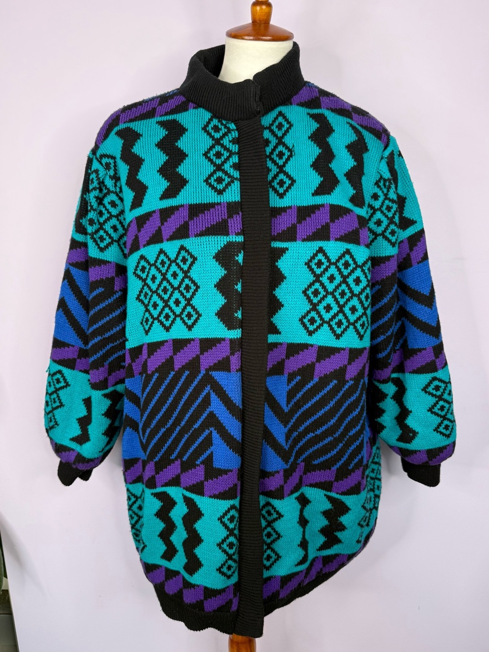 Rochelle Vintage Teal, Blue, Black, & Purple Patterned Sweater Jacket Coat
